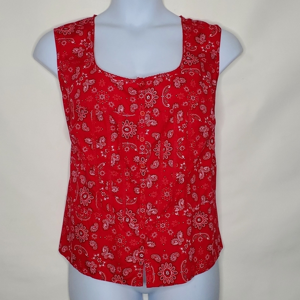 Plus Size Floral Paisley Print Top 3X Lace Trim Red White Button Up Shirt Summer